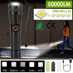 Tactical LED Flashlight Zoomable Rechargeable Light Torch - Black