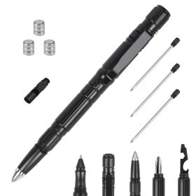 11 In 1 Tactical Pen Gear Set Multi-tool Survival Pen Set Cool Gadget Gift Glass Breaker LED Flashlight Ballpoint Pen Whistle Ink Refills - black