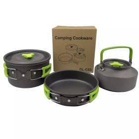 3pcs/set Lightweight Outdoor Cooking Utensils Kit Portable Camping Pot Pan Kettle Soup Wok Pot Cookware Set - Green