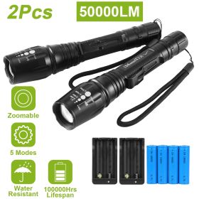 2Packs Tactical Military LED Flashlight 50000LM Zoomable Rechargeable Flashlight Torch w/ 5Modes SOS Night Light - Black