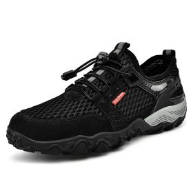 Men's Summer Leather Breathable Outdoor Sports Casual Shoes Non-slip Soft-soled Mesh Surface Hiking Shoes (Option: Black-40)