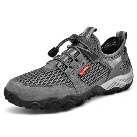 Men's Summer Leather Breathable Outdoor Sports Casual Shoes Non-slip Soft-soled Mesh Surface Hiking Shoes (Option: Gray-46)